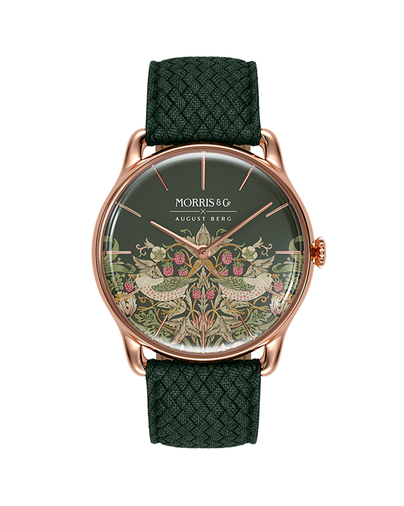 August Berg Morris & Co Strawberry Thief Rose Gold Fennel Perlon 38mm