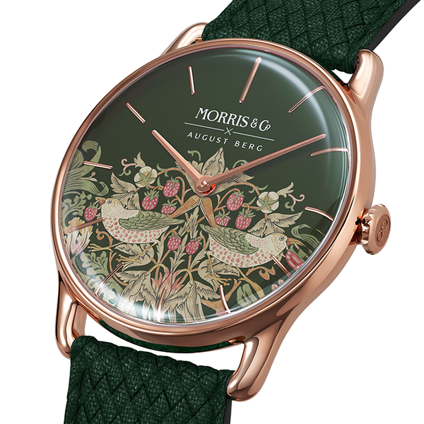 August Berg Morris & Co Strawberry Thief Rose Gold Fennel Perlon 38mm