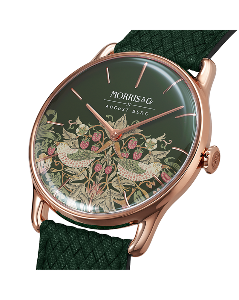 August Berg Morris & Co Strawberry Thief Rose Gold Fennel Perlon 38mm