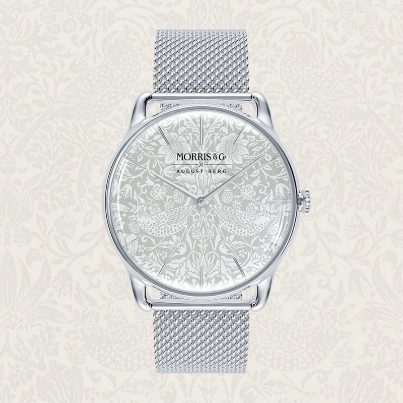 August Berg Morris & Co Strawberry Thief Silver  Mesh 38mm