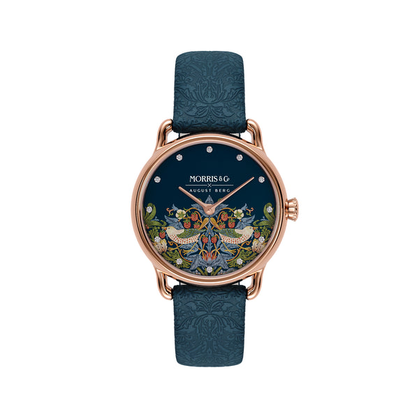 August Berg MORRIS & CO. PETITE Indigo Rose Gold Strawberry Thief | Indigo Embossed Leather 26mm