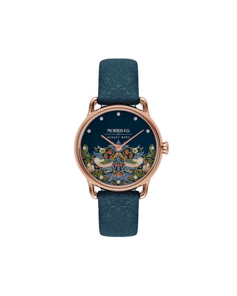 August Berg MORRIS & CO. PETITE Indigo Rose Gold Strawberry Thief | Indigo Embossed Leather 26mm