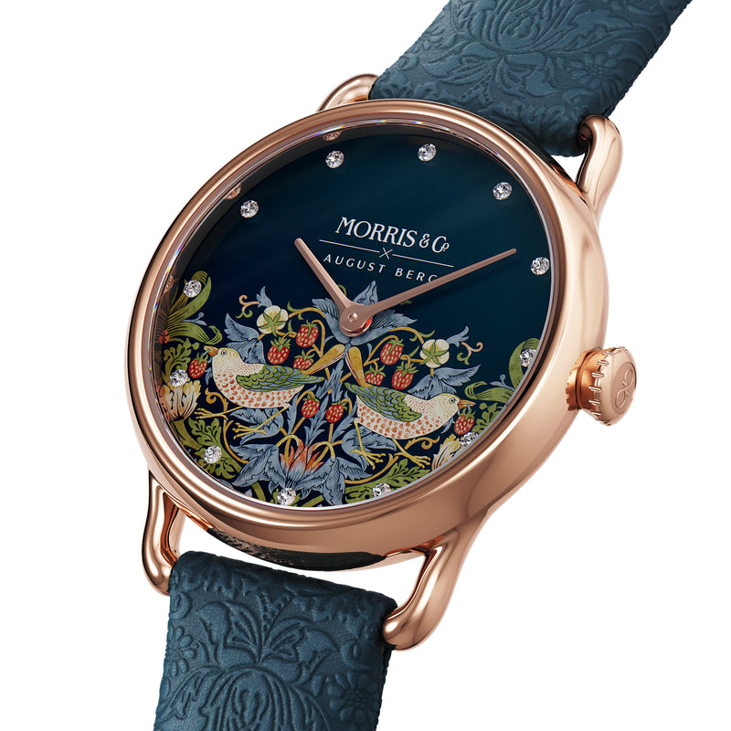 August Berg MORRIS & CO. PETITE Indigo Rose Gold Strawberry Thief | Indigo Embossed Leather 26mm