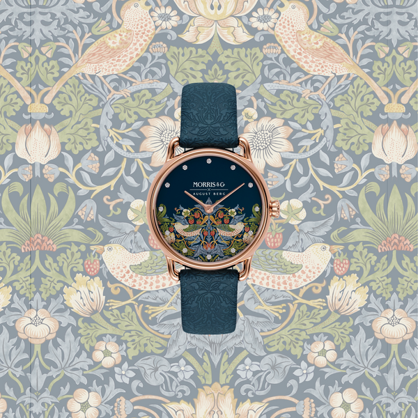 August Berg MORRIS & CO. PETITE Indigo Rose Gold Strawberry Thief | Indigo Embossed Leather 26mm