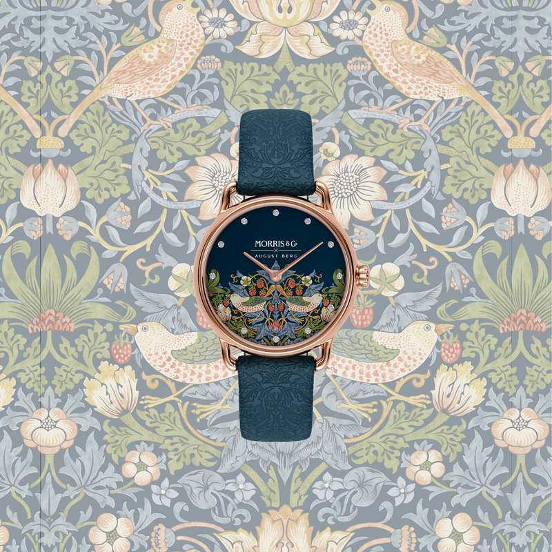August Berg MORRIS & CO. PETITE Indigo Rose Gold Strawberry Thief | Indigo Embossed Leather 26mm