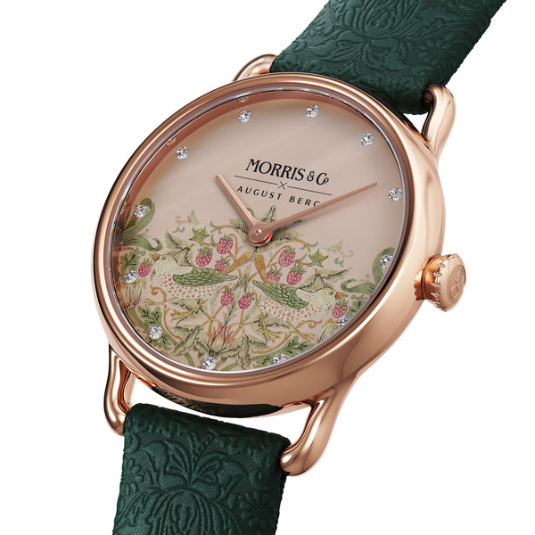 August Berg MORRIS & CO. PETITE Fennel Rose Gold Pink Dial Strawberry Thief 26mm