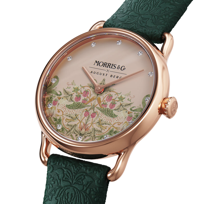 August Berg MORRIS & CO. PETITE Fennel Rose Gold Pink Dial Strawberry Thief 26mm