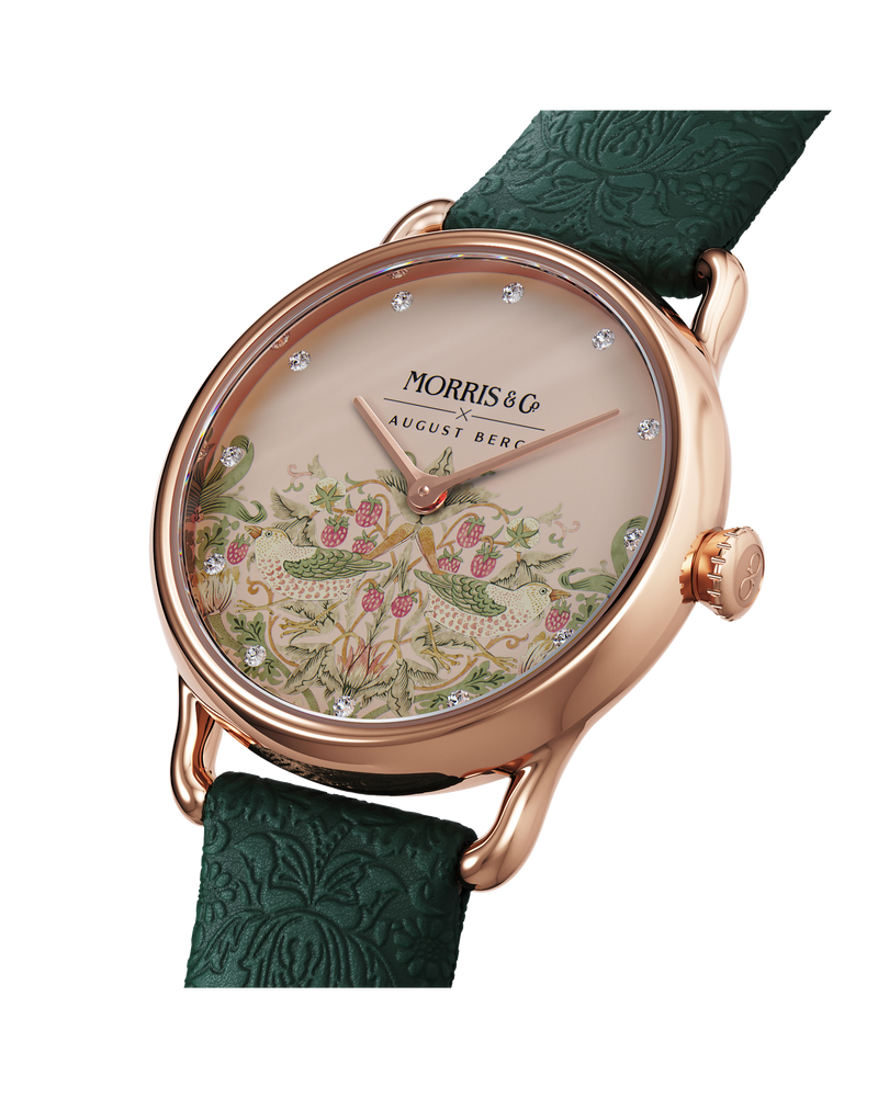 August Berg MORRIS & CO. PETITE Fennel Rose Gold Pink Dial Strawberry Thief 26mm