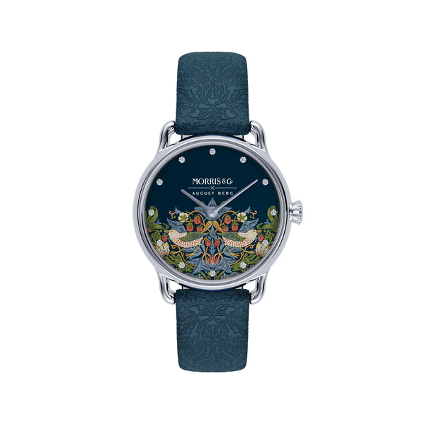 August Berg MORRIS & CO. PETITE Indigo Silver Strawberry Thief | Indigo Embossed Leather 26mm