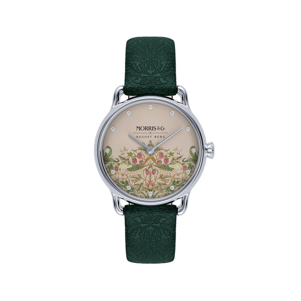 August Berg MORRIS & CO. PETITE Fennel  Silver Pink Dial Strawberry Thief | Dark Fennel Embossed Leather 26mm