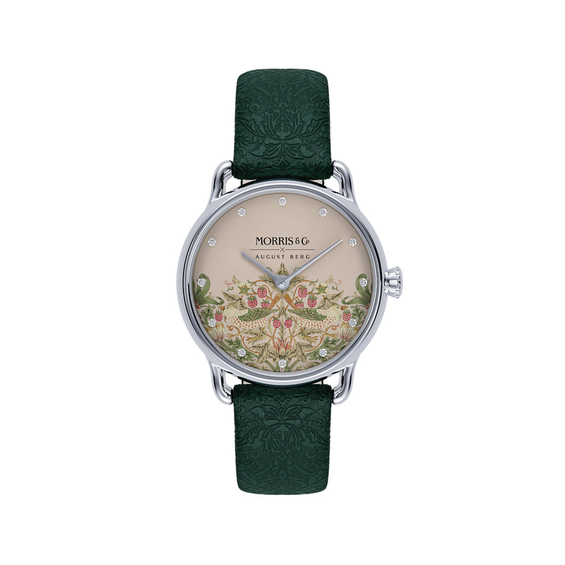 August Berg MORRIS & CO. PETITE Fennel  Silver Pink Dial Strawberry Thief | Dark Fennel Embossed Leather 26mm