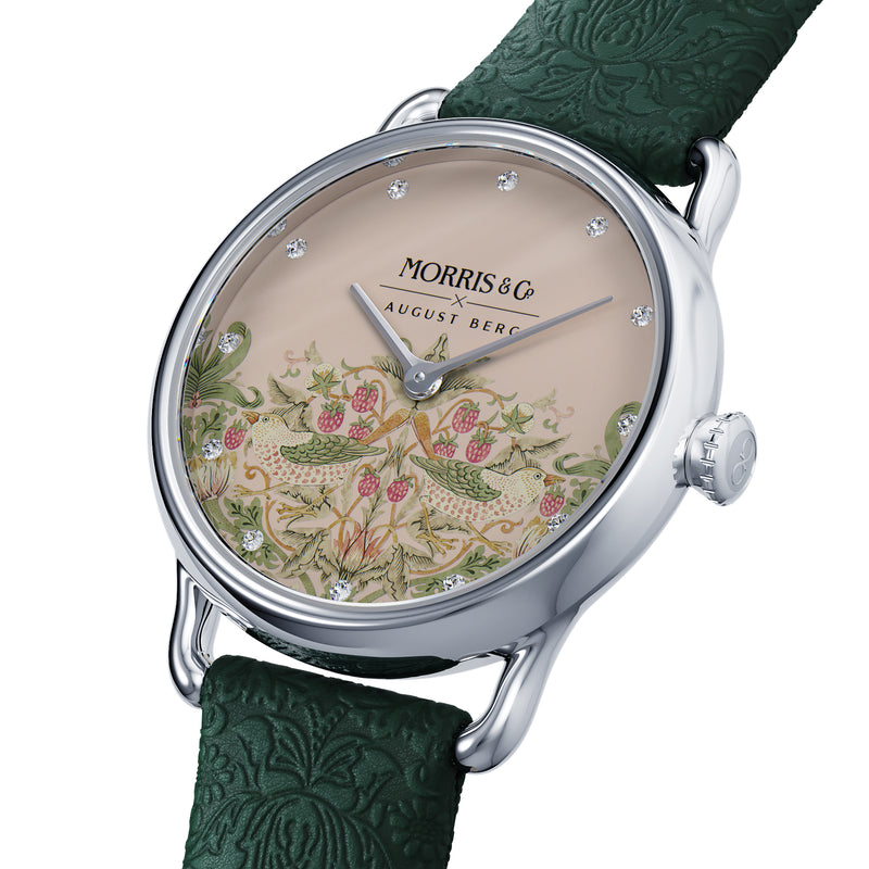 August Berg MORRIS & CO. PETITE Fennel  Silver Pink Dial Strawberry Thief | Dark Fennel Embossed Leather 26mm