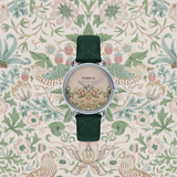 August Berg MORRIS & CO. PETITE Fennel  Silver Pink Dial Strawberry Thief | Dark Fennel Embossed Leather 26mm