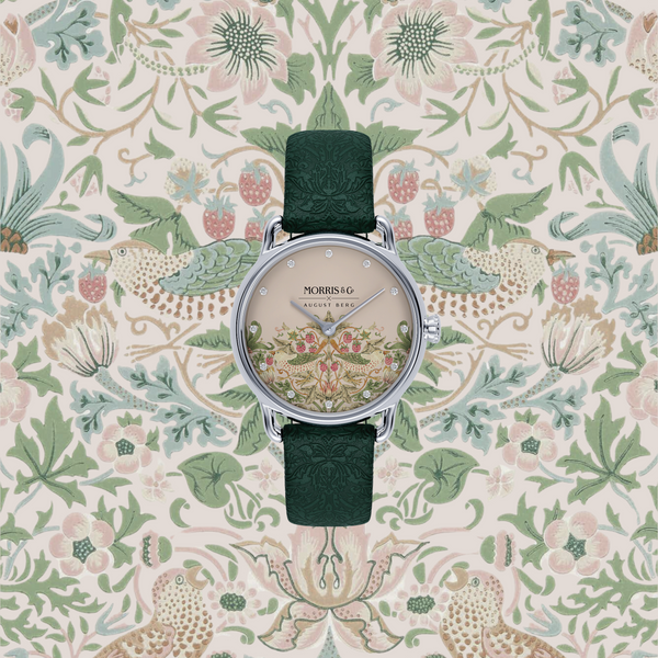 August Berg MORRIS & CO. PETITE Fennel  Silver Pink Dial Strawberry Thief | Dark Fennel Embossed Leather 26mm