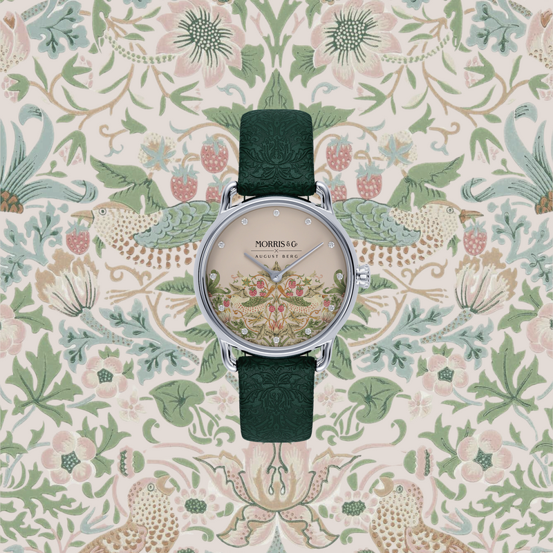 August Berg MORRIS & CO. PETITE Fennel  Silver Pink Dial Strawberry Thief | Dark Fennel Embossed Leather 26mm