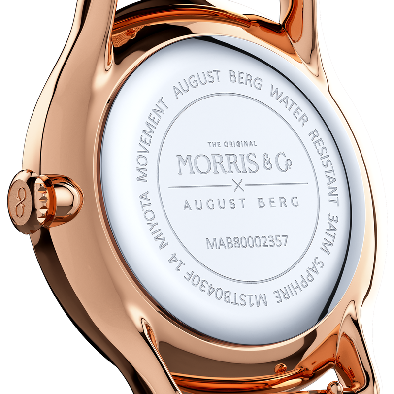 August Berg Morris & Co Pimpernel Rose Gold Crimson Perlon 30mm