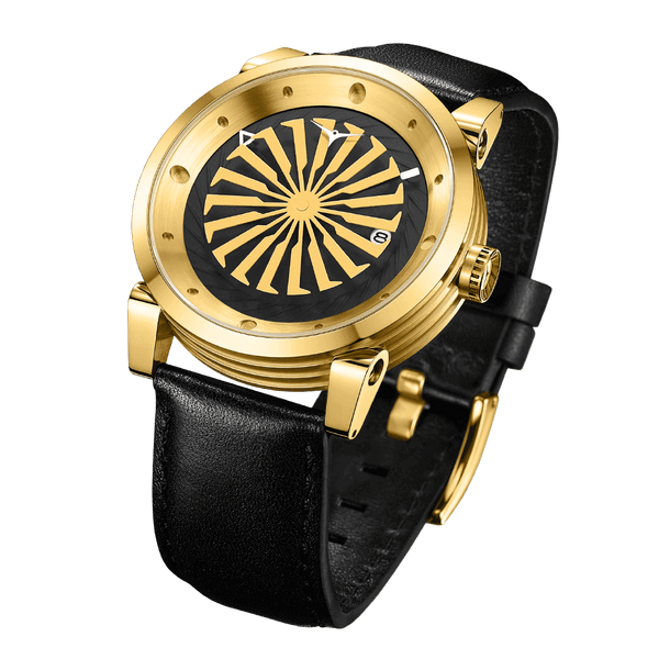 Zinvo Blade 12K Gold, Gold watch for men, watch for men, Gold watch, men watch, 1-Second-Spin Turbine Matte Black dial watch, 1-Second-Spin Turbine Matte Black dial watch for men, Leather watch, Black Genuine leather Strap.