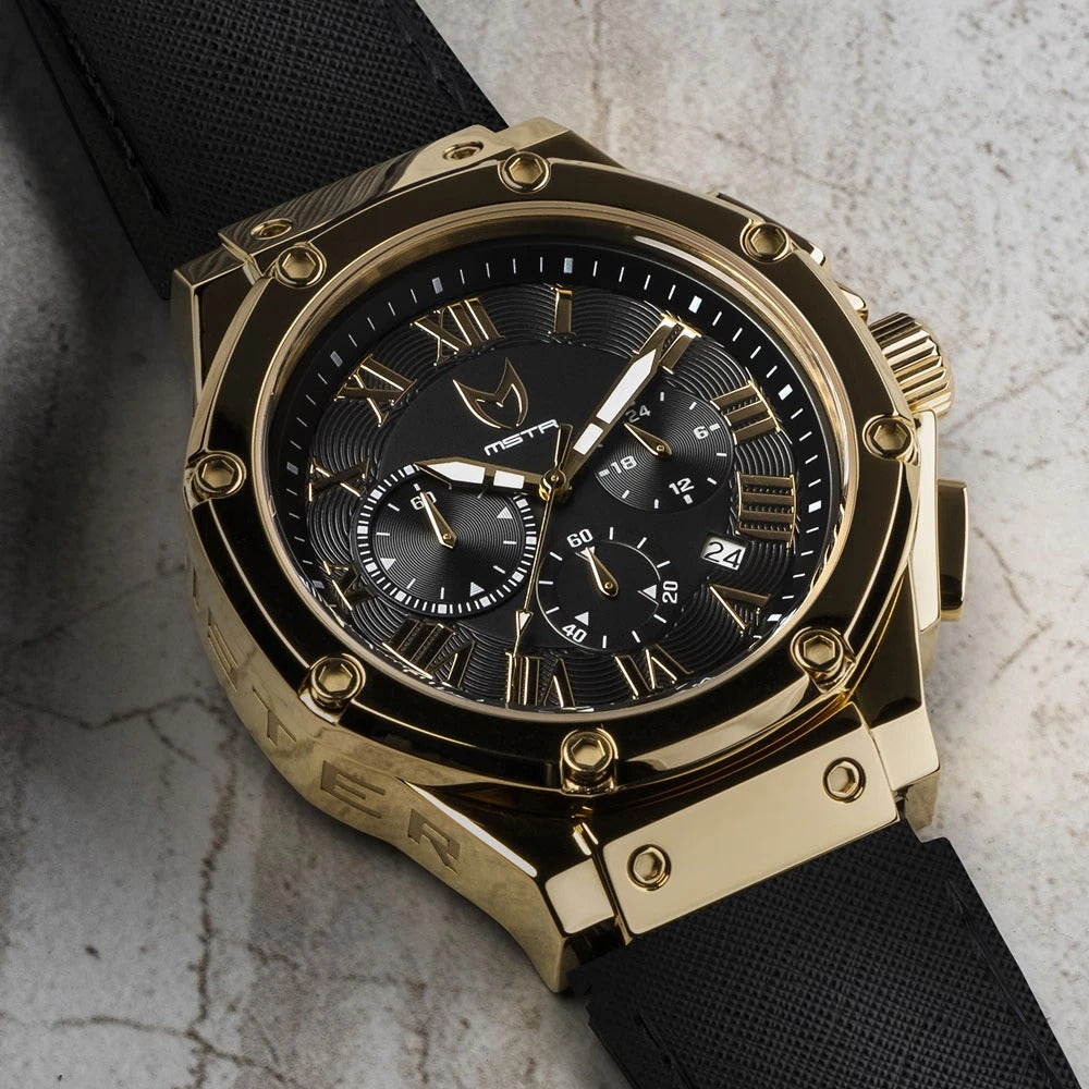 MSTR AM1001LB Ambassador Polished 18k Gold Black Leather Band Klassy Watches