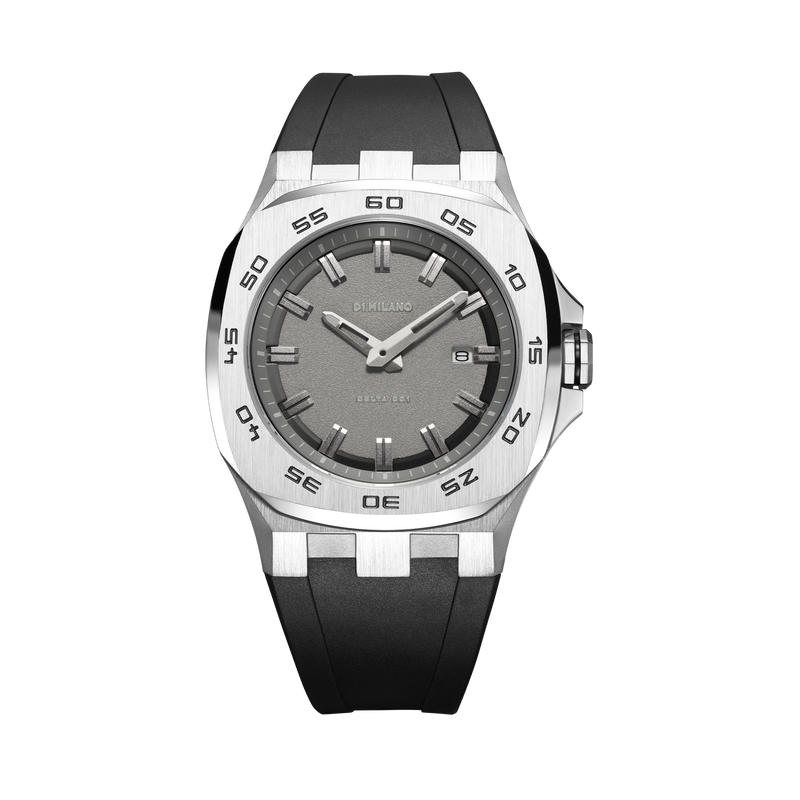 D1 MILANO DTRJ01 Thunder Delta 001, Silver watch for men, watch for men, Silver watch, men watch, Sandblasted Grey dial watch, Sandblasted Grey dial watch for men, Rubber watch, Black Natural Rubber Strap.