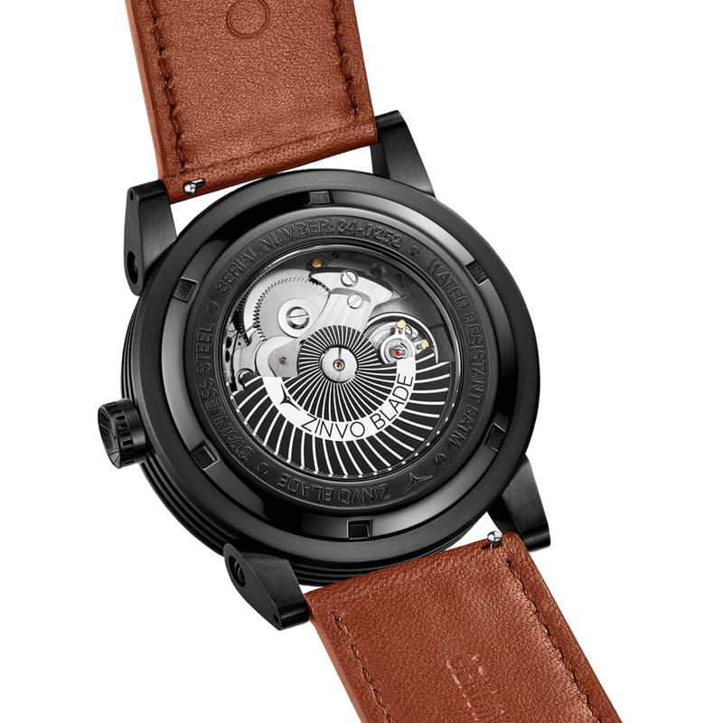 Zinvo Blade Outlaw, Black watch for men, watch for men, Black watch, men watch, 1-Second-Spin Turbine dial watch, 1-Second-Spin Turbine dial watch for men, Leather watch, Genuine Leather Strap.