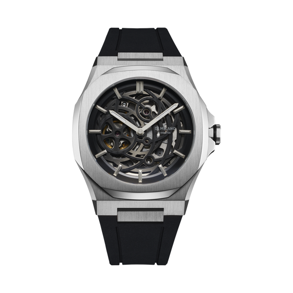 D1 MILANO SKRJ10 Silver Skeleton Rubber 41.5mm Klassy Watches