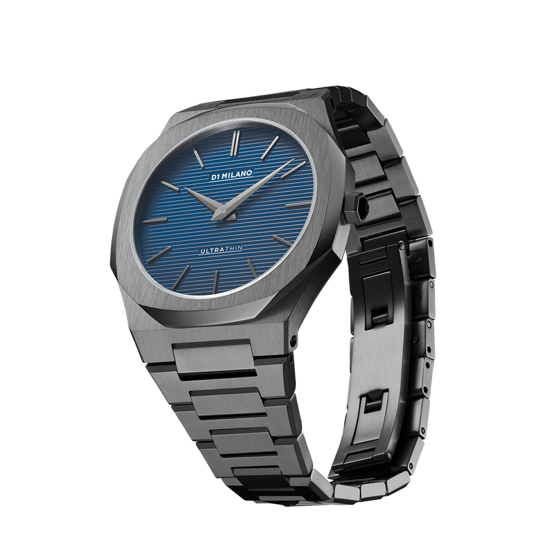 D1 MILANO UTBJ12 Petrol Ultra Thin, Gunmetal watch for men, watch for men, Gunmetal watch, men watch, Blue dial watch, Blue dial watch for men, Bracelet watch, Stainless Steel strap.