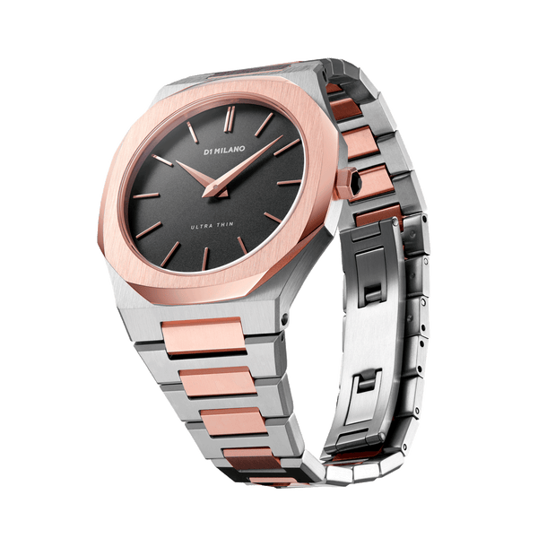 D1 MILANO UTBU03 Abisso Ultra Thin, Silver and Rose watch for men, watch for men, Silver and Rose watch, men watch, Black dial watch, Black dial watch for men, Bracelet watch, Stainless Steel strap.