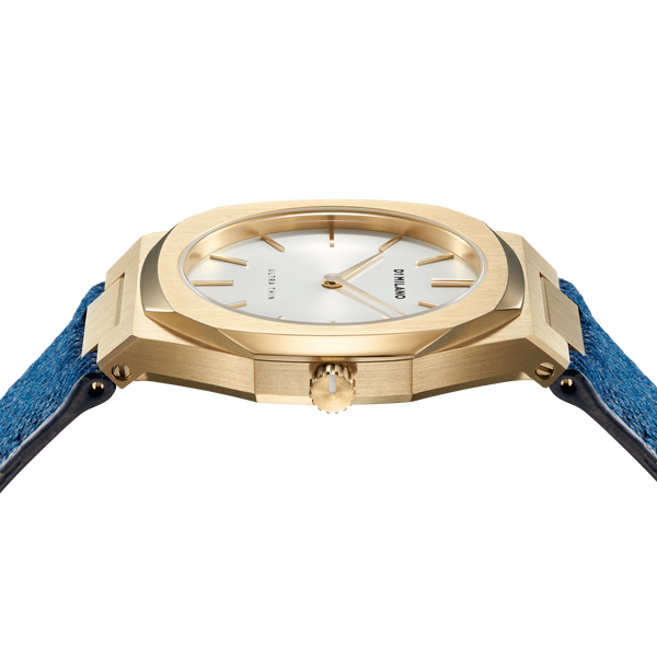 D1 MILANO UTDL03 Classic Denim Ultra Thin, Gold watch for women, watch for women, Gold watch, women watch, White dial watch, White watch for women, Indigo Blue Leather Strap , Leather watch, Italian Calf Leather Strap.