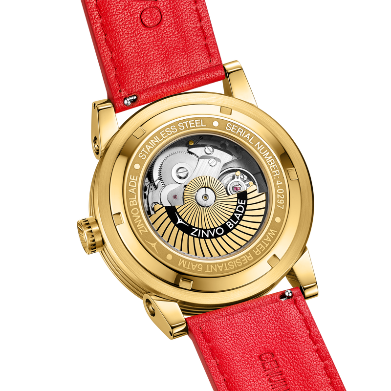 Zinvo Blade Fury Gem, Gold watch for men, watch for men, Gold watch, men watch, 1-Second-Spin Turbine, Matte Red dial watch, 1-Second-Spin Turbine, Matte Red dial watch for men, Leather watch, Genuine Leather Strap.