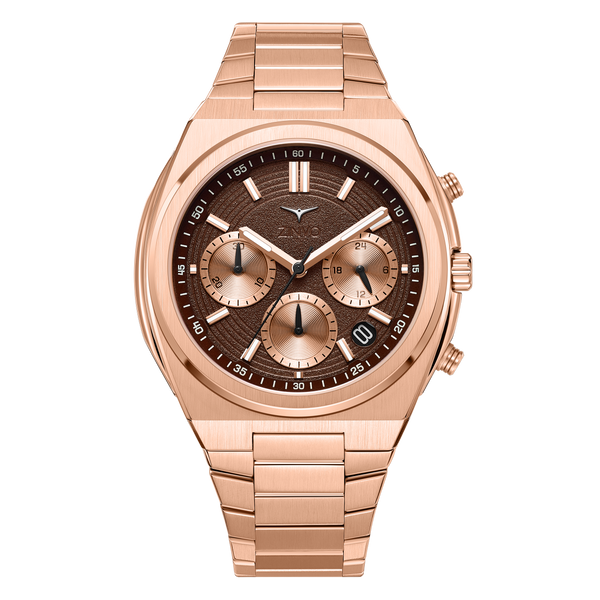 Zinvo Chrono Rose Gold, Rose Gold watch for men, watch for men, Rose Gold Watch, men watch, Grow in The Dark Index and Hands Dial watch, Grow in The Dark Index and Hands Dial watch for men, Bracelet watch, Rubber Watch, Stainless Steel Strap, Premium silicone Strap, Brown Rubber Strap.